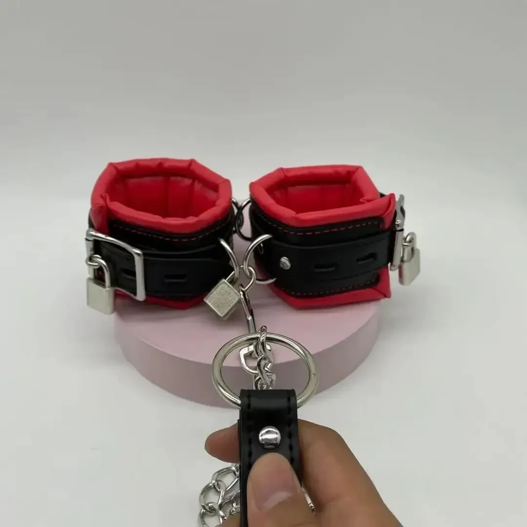 red pu leather bondage cuffs metal